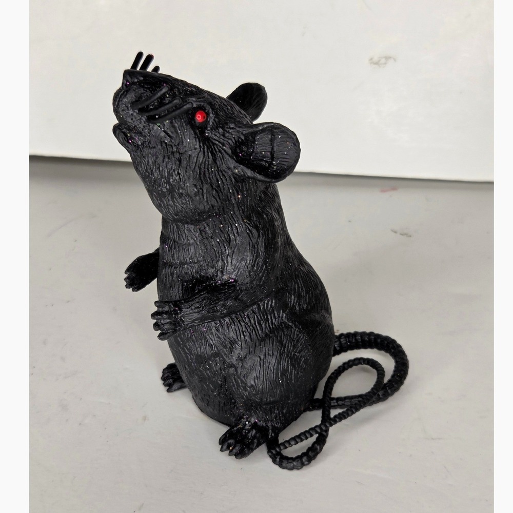 Black Rubber Standing Rat Figurine Red Eyes Halloween Spooky Decor Prop